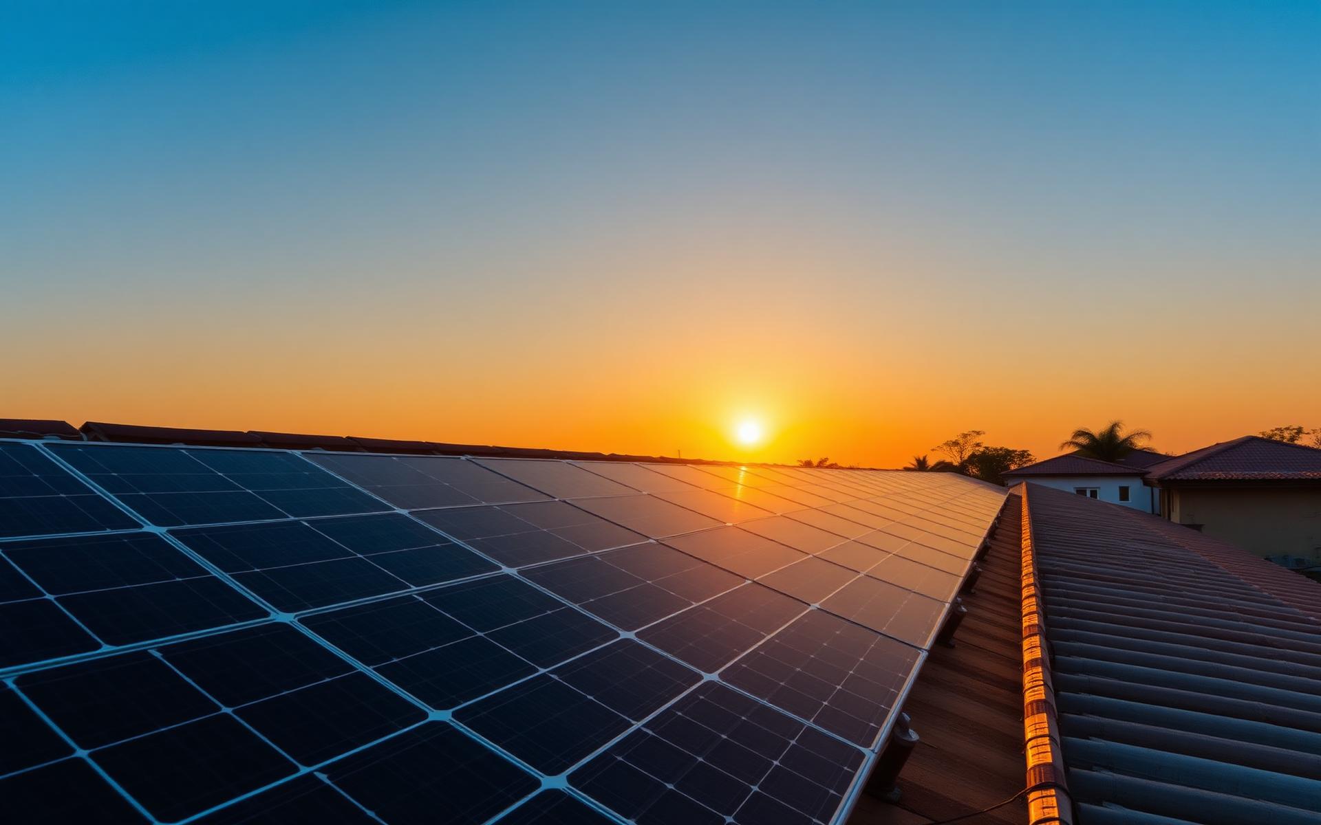 Solar panels installed on Zimbabwean rooftop at sunset